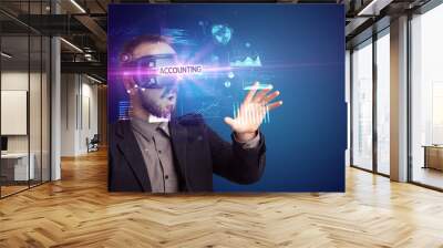 Businessman looking through Virtual Reality glasses Wall mural