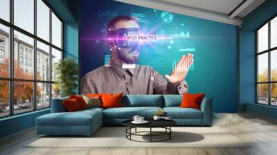 Businessman looking through Virtual Reality glasses Wall mural