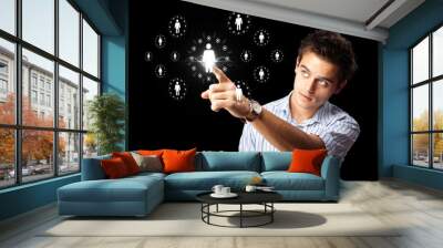 Businessman pressing modern social type of icons Wall mural