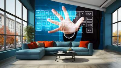 Businessman pressing virtual type of keyboard Wall mural