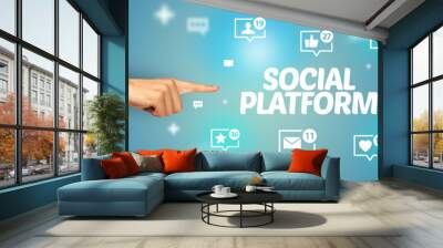 Close-Up of cropped hand pointing at SOCIAL PLATFORM inscription, social networking concept Wall mural