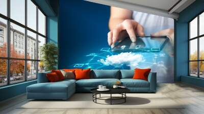 Close up of hand holding tablet with cloud network technology Wall mural