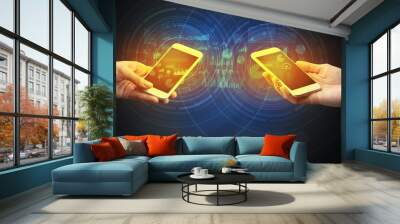 Close up of two smartphones syncing business data Wall mural