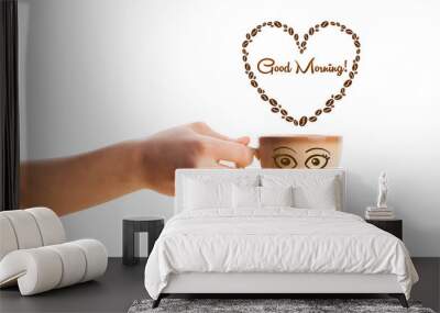 Coffee mug with coffee beans shaped heart with good morning sign Wall mural