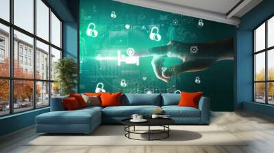 Doctor hand pressing futuristic health device with medical symbol on screen Wall mural