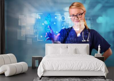 Doctor touching virtual screen with biology and genetic concept Wall mural