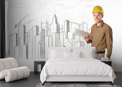 Engineer man with building city drawing in background Wall mural