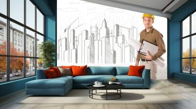 Engineer man with building city drawing in background Wall mural