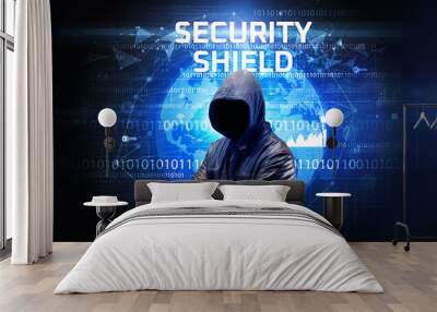 Faceless hacker at work with SECURITY SHIELD inscription, Computer security concept Wall mural