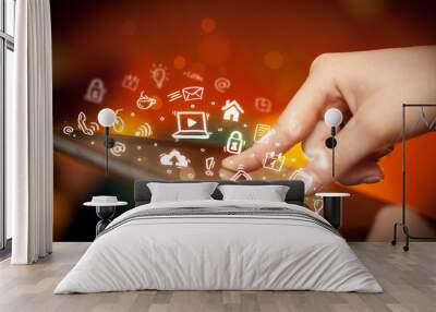 Finger pointing on tablet pc, social media concept Wall mural