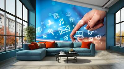 finger pointing on tablet pc, social media concept Wall mural