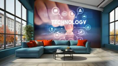 Finger touching tablet with web technology icons and TECHNOLOGY inscription, web technology concept Wall mural