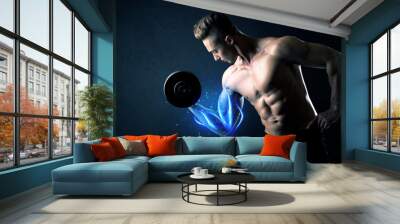 Fit athlete lifting weight with blue muscle light concept Wall mural