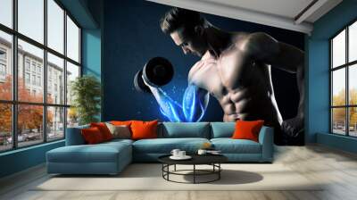 Fit athlete lifting weight with blue muscle light concept Wall mural