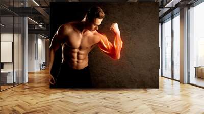 Fit bodybuilder lifting weight with red muscle concept Wall mural