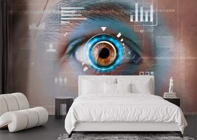 Futuristic modern cyber man with technology screen eye panel Wall mural