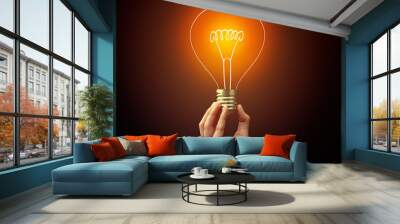 Hand holding light bulb on dark background, new idea concept Wall mural