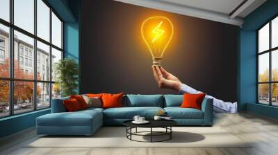 Hand holding light bulb on dark background. New Eco idea concept Wall mural