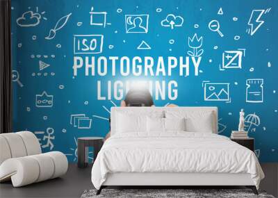 Hand taking picture with digital camera and PHOTOGRAPHY LIGHTING inscription, camera settings concept Wall mural