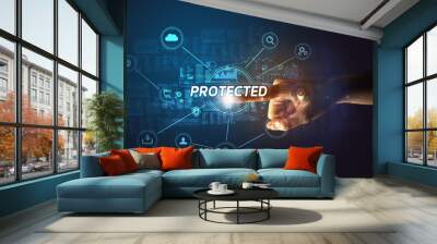 Hand touching cybersecurity button concept Wall mural