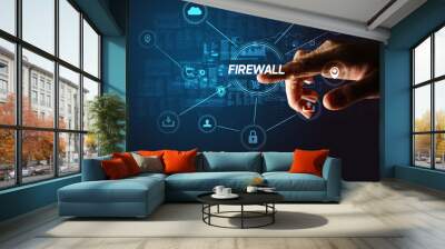 Hand touching FIREWALL inscription, Cybersecurity concept Wall mural