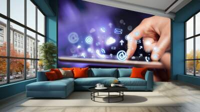 hand touching tablet pc, social media concept Wall mural