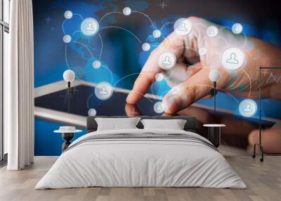 Hand touching tablet pc, social network concept Wall mural