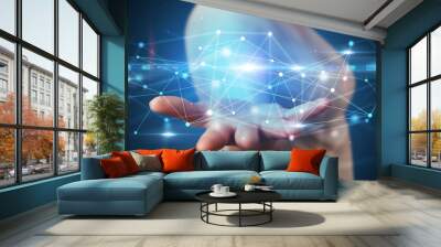 Handsome person holding hologram screen displaying modern cloud based web system technology
 Wall mural