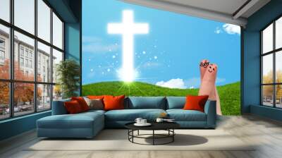 Happy finger smileys with christian religion cross Wall mural