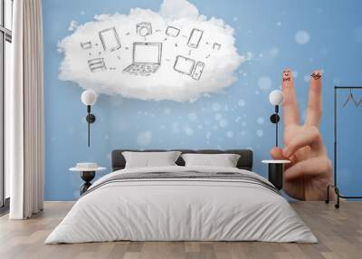 Happy smiley fingers looking at cloud computing with technology Wall mural