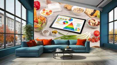 healthy eating concept - close up of tablet with several dieting statistics Wall mural