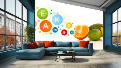 Healthy fruits with colorful vitamin symbols and icons Wall mural