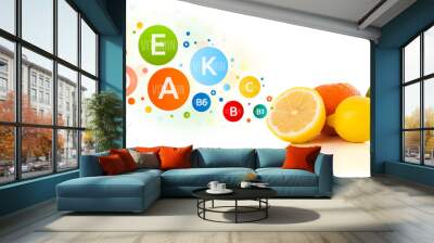 Healthy fruits with colorful vitamin symbols and icons Wall mural