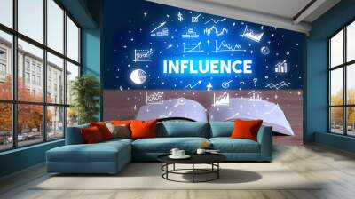 INFLUENCE inscription coming out from an open book, business concept Wall mural