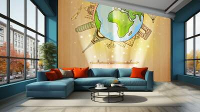 Luggage with travel around the world illustration concept Wall mural