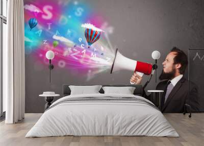 man shouting into megaphone and abstract text and balloons come Wall mural