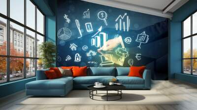 Man touching technology smart table with business icons Wall mural