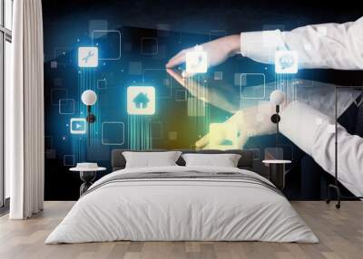 Modern smart table with high tech icons on its interface screen Wall mural