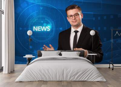 Modern televison presenter telling the news with tehnology backg Wall mural