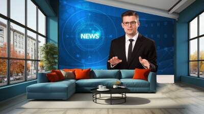 Modern televison presenter telling the news with tehnology background concept Wall mural