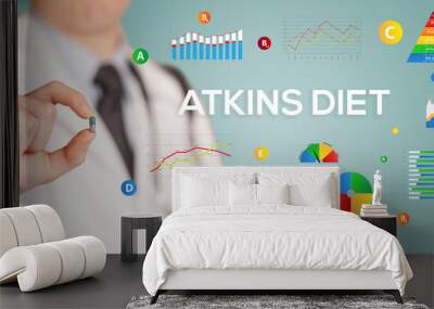 Nutritionist giving you a pill with ATKINS DIET inscription, healthy lifestyle concept Wall mural