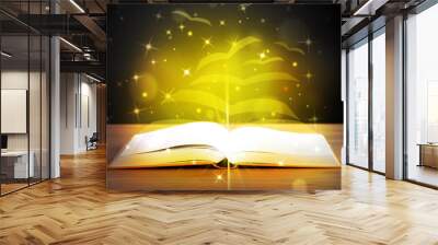 Open book with golden glow flying paper pages Wall mural