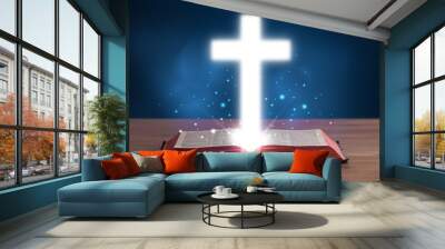 open holy bible with glowing cross in the middle Wall mural