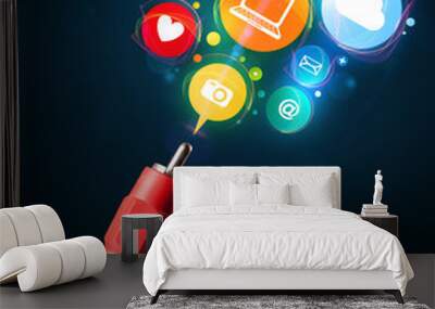 Social media icons coming out of electric cable Wall mural