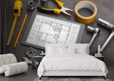 Tablet with construction tools and blueprint concept Wall mural