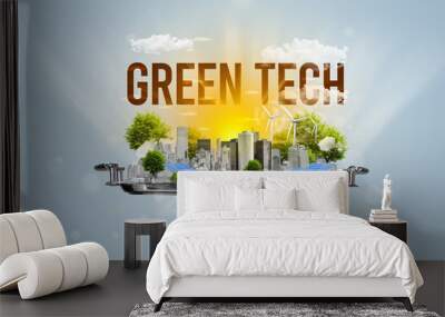 Waiter serving eco city with GREEN TECH inscription, renewabke energy concept Wall mural