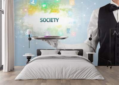 Waiter serving social networking concept Wall mural