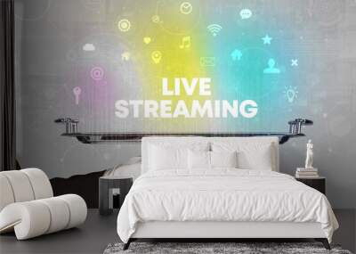 Waiter serving social networking with LIVE STREAMING inscription, new media concept Wall mural