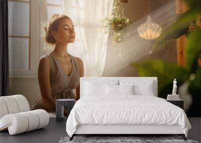 a young woman meditating at home in early morning light Wall mural