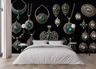 Collection of antique traditional silver jewelry on black paper, generative.ai
 Wall mural